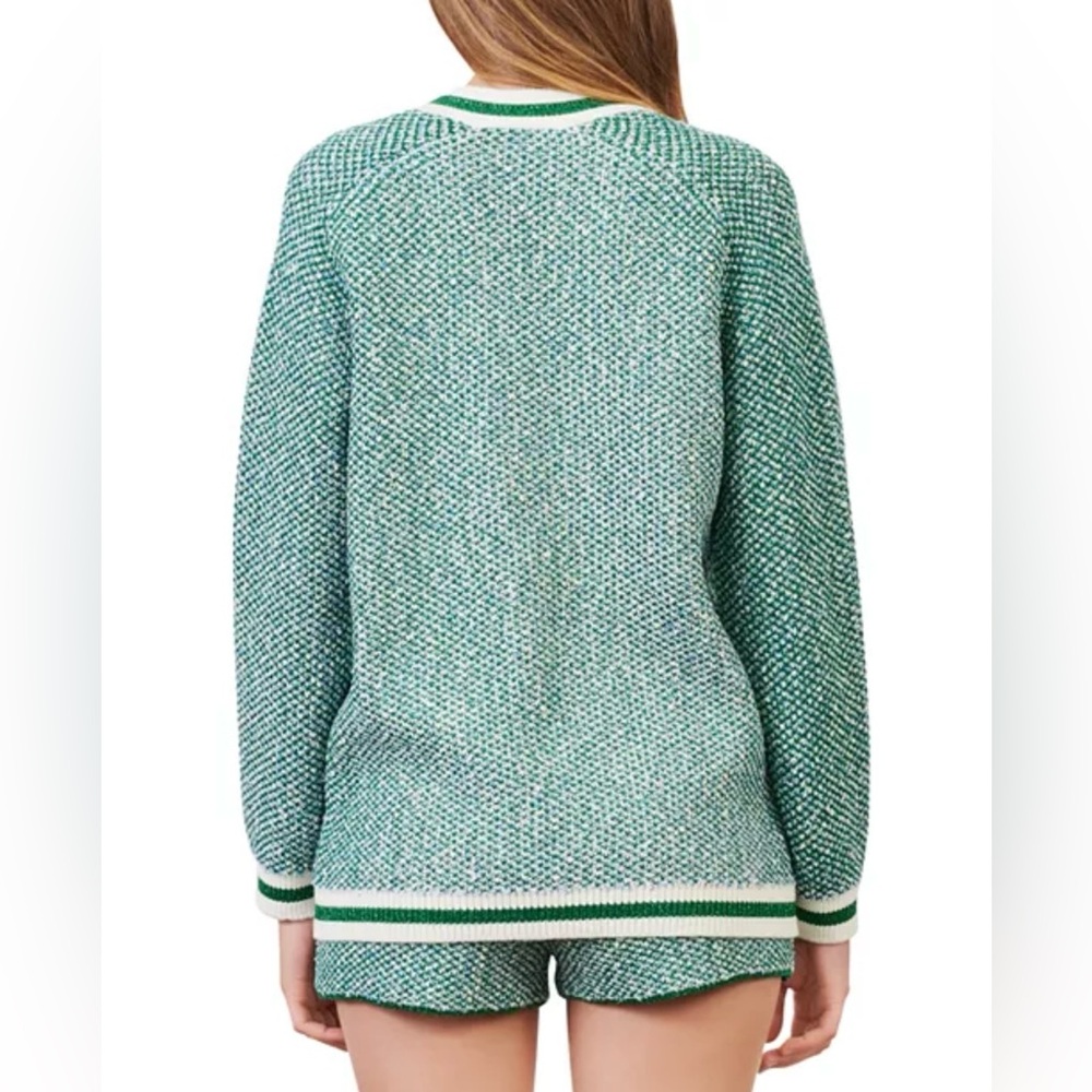 Maje Maitresse Metallic Green Threaded Cardigan with Gold Accents - Picture 3 of 10